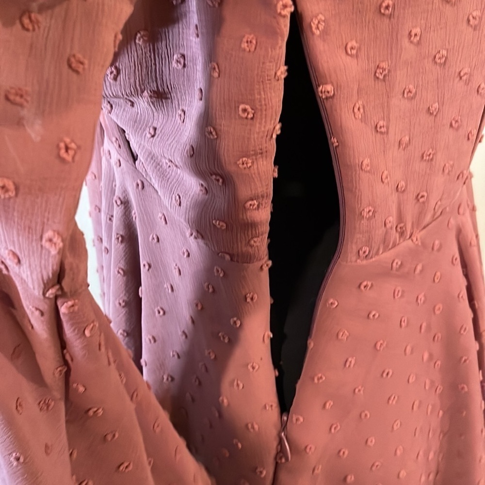 Altar’d State “Gigi” Dress. Chiffon Dots Sheath Dress W/Bell sleeves. Berry - Picture 8 of 12
